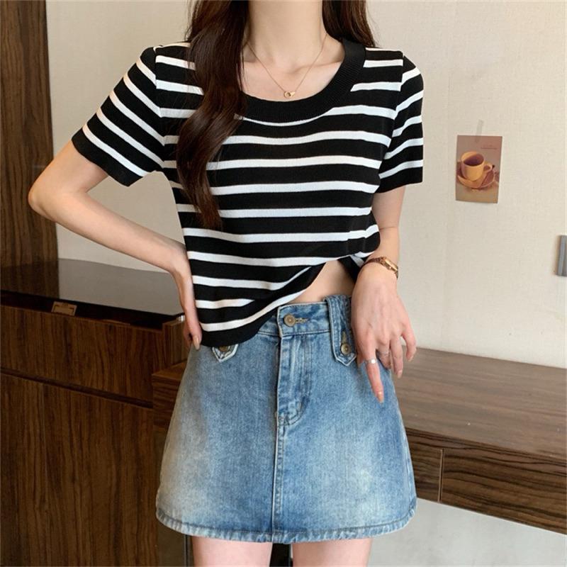 COD- Atasan Wanita Rajut Salur (A315) / Atasan Wanita Crop Top Lengan Pendek Korean lucu 3