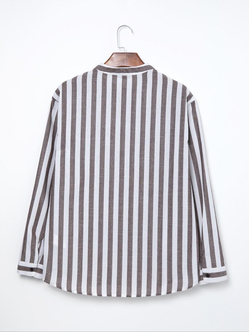Product Introduction of Men's Striped Print Button Up Shirt, Regular Fit Casual Long Sleeve Collared Top for Spring & Fall, Fashion Men's Clothes for Beach Vacation 2