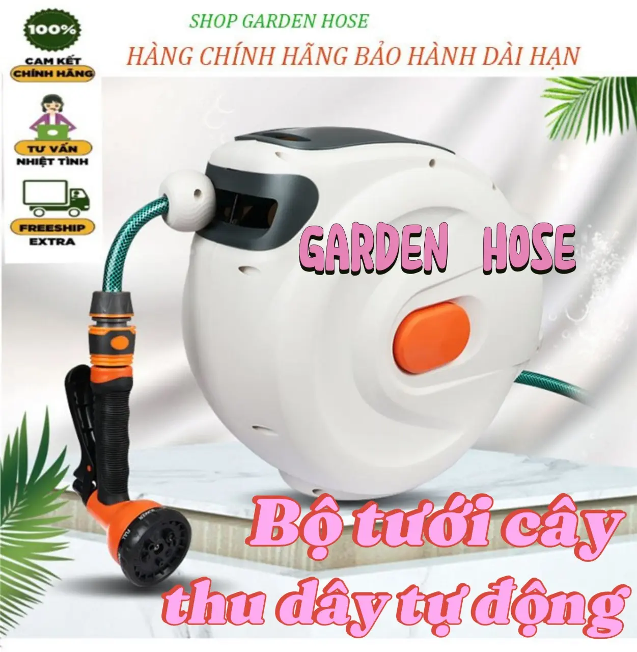 Bộ vòi tưới cây, rửa sân vườn, rửa xe thu dây tự động, gắn tường, xoay 150 độ