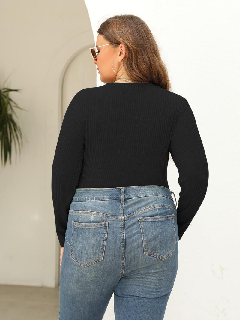 Product Introduction of 【Plus Size】 Solid Round Neck Ribbed Bodysuit, Casual Long Sleeve Crew Neck Bodysuit for Spring & Fall, Women's Clothes for Daily Wear 7