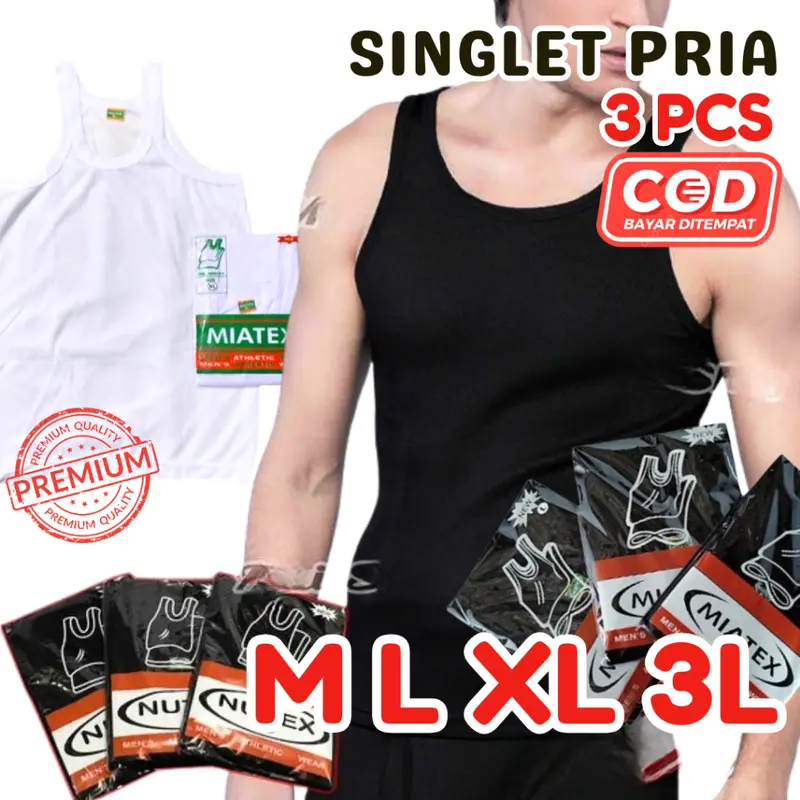 PAKET 3 PCS Kaos Kutang kaos Dalam Kaos Singlet Pria Dewasa Warna HITAM PUTIH MIATEX NUTEX ukuran M L XL XXL 2