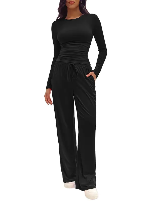 Two-piece Set Women's Solid Ruched Tee & Drawstring Pocket Pants Lounge Set, Casual Long Sleeve T-shirt & Elastic Waist Trousers, Pyjamas for Women, Ladies Sleepwear for All Seasons,  Lounge Tracksuit Women 8
