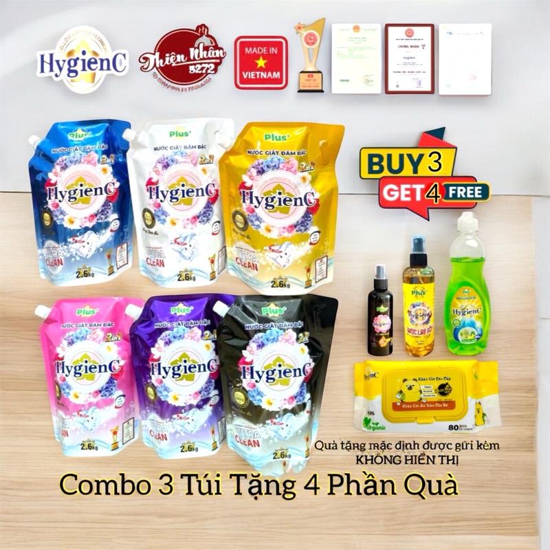[Độc Quyền] Combo 3 Túi  Nước Giặt Xả HygienC Plus+ Việt Nam 2in1 Túi 2kg6 - [ Tặng Kèm 1 Chai Nước Rửa Chén HygienC 400gr & 1 Chai Xịt Vải Khô 100gr Siêu Thơm & 1 Xịt Lau Bếp Đa Năng & 1 Khăn Giấy Ướt Trẻ Em Loại Lớn]