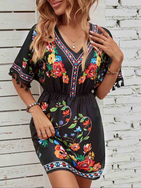 Women's Floral Ethnic Pattern Fringe Trim V Neck A Line Dress, Boho Fashion Short Sleeve Short Dress for Daily Holiday Vacation Wear, Ladies Dress for Summer 3