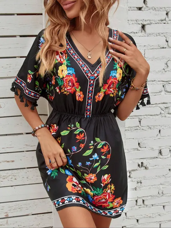 Women's Floral Ethnic Pattern Fringe Trim V Neck A Line Dress, Boho Fashion Short Sleeve Short Dress for Daily Holiday Vacation Wear, Ladies Dress for Summer 3