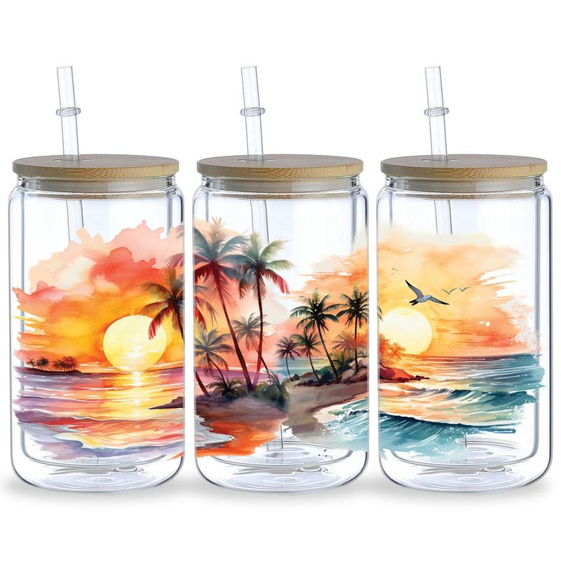 Product Introduction of Summer Sunset Pattern UV DTF Cup Sticker, 5 Counts/set Waterproof UV DTF Sticker, Decorative Sticker for 16oz Glass Cup, DIY, Furniture, Crafts 4