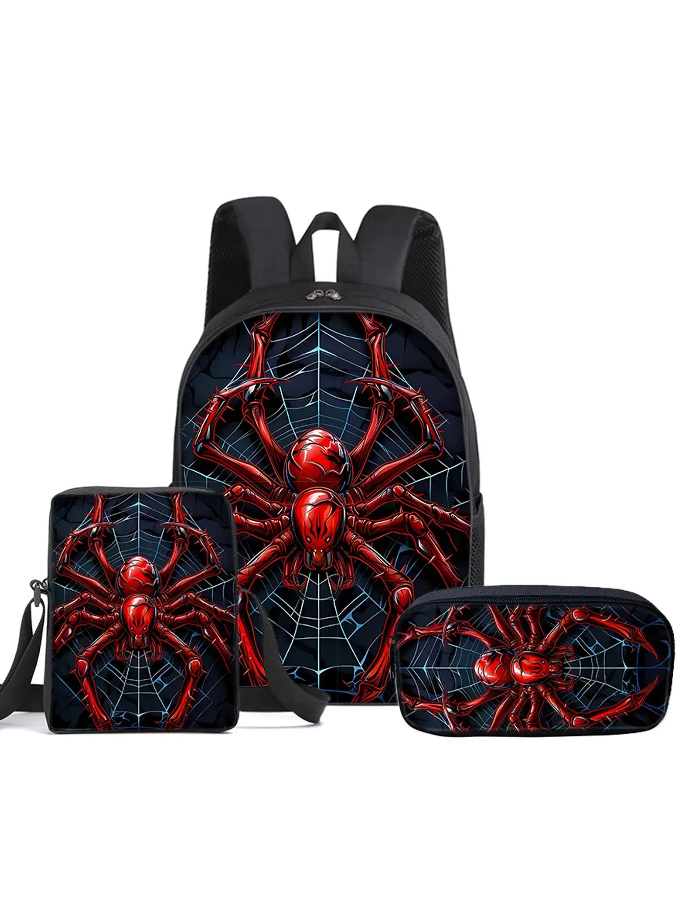 Red Spider Pattern Backpack & Crossbody Bag & Pencil Case Set, Casual Spider Pattern Backpack Set for Women & Men, Fashionable Backpack Set for Travel
