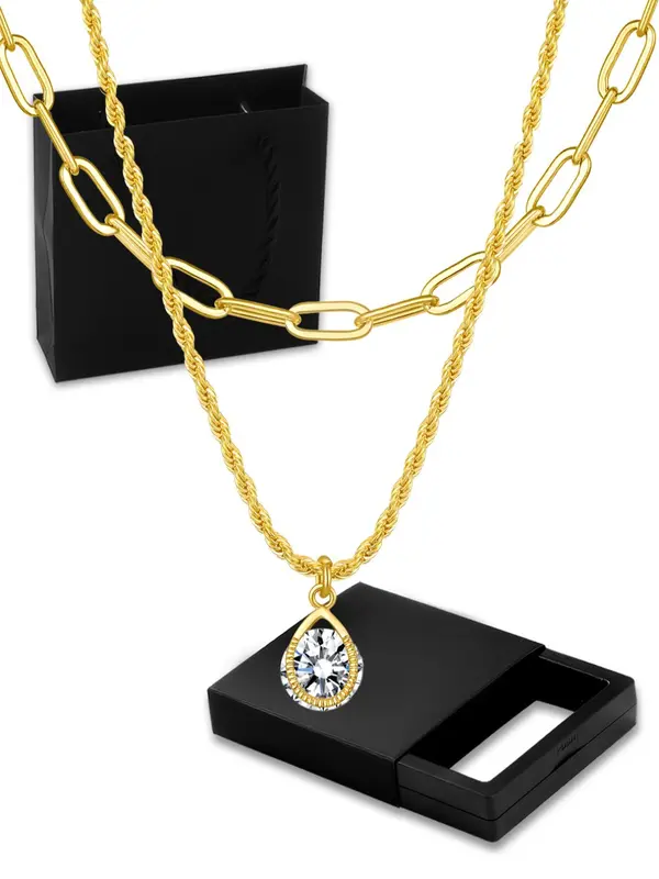 Women's Elegant Water Drop Shaped Pendant Necklace & Twist Design Rope Chain Necklace, Exquisite Trendy Artificial Zircon Pendant Necklace, Chic Jewelry Set As Gift for Girlfriend 2
