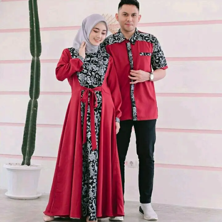 baju batik couple pasangan suami istri gamis syar'iah modern terhits elegan kemeja lengan pendek motif prada Katun kombinasi  kondangan  pesta  seragam Muslim Wanita 1