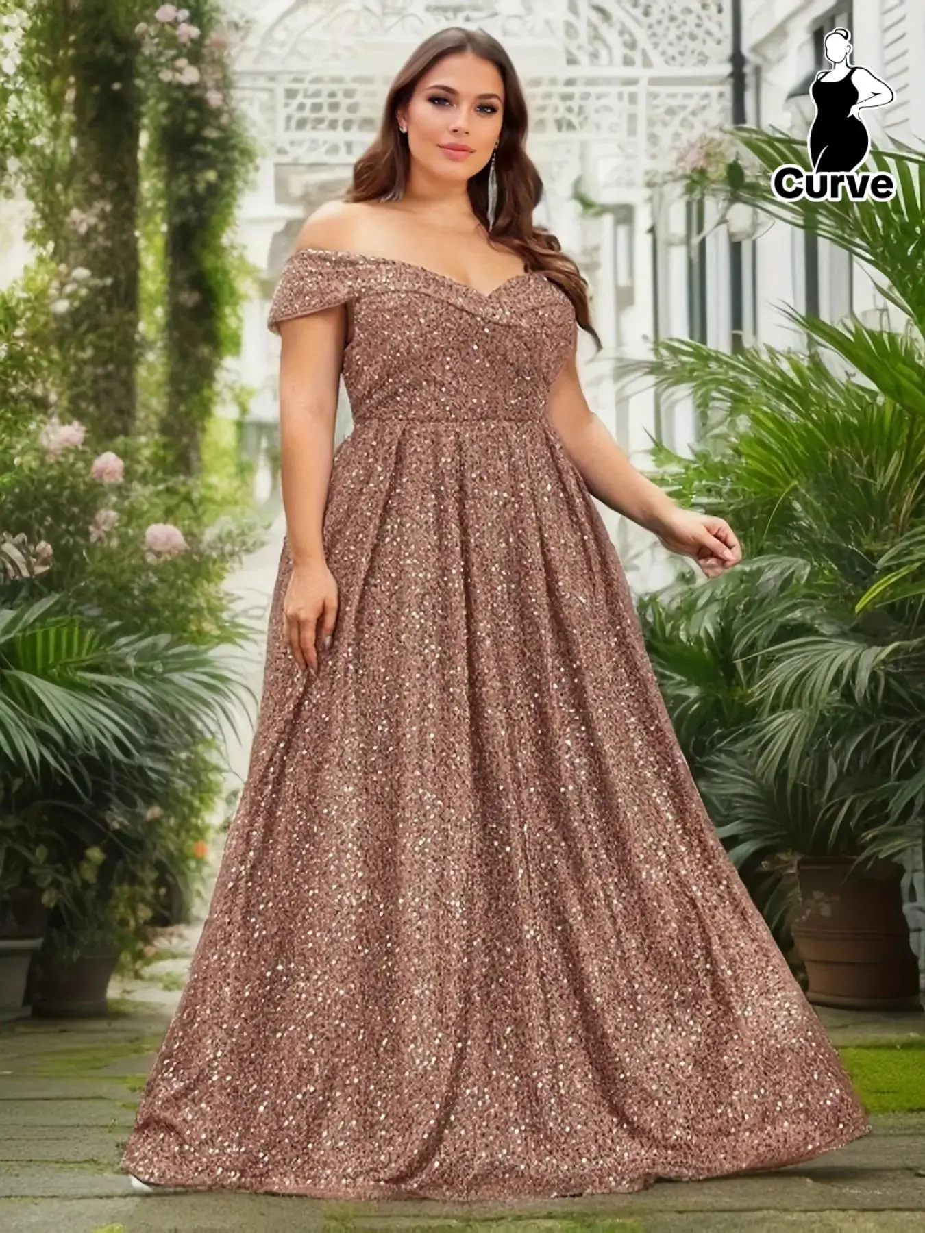 【Plus Size】Plain Off Shoulder Glitter Sequins Party Dress, Elegant Maxi A Line Dress for Party Evening Formal Occasions, Women's Clothes for All Seasons