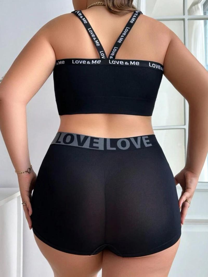Product Introduction of 【Plus Size】 Letter Print Wireless Bra & boxer short Set, Casual Comfy Breathable Lingerie Set for Daily Wear, Women's Underwear Set for All Seasons 2