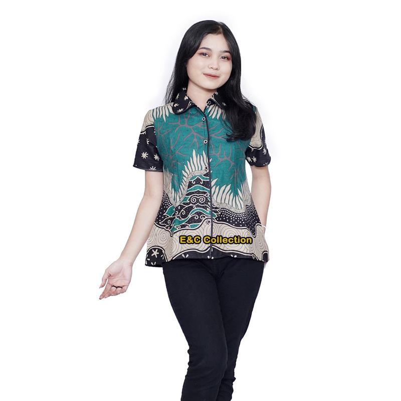 Atasan Batik Olive - Batik Couple - Batik Wanita - Hem Batik - Baju Kerja - Seragam Kantor - S-M-L-XL-XXL-3L-4L-5L Pasangan Katun Keluarga Sarimbit Panjang 2