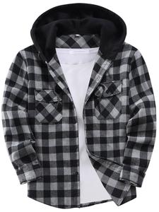 Men's Plaid Print Button Front Hooded Jacket, Regular Fit Casual Long Sleeve Outerwear for Spring & Fall, Men's Clothes for Daily Wear