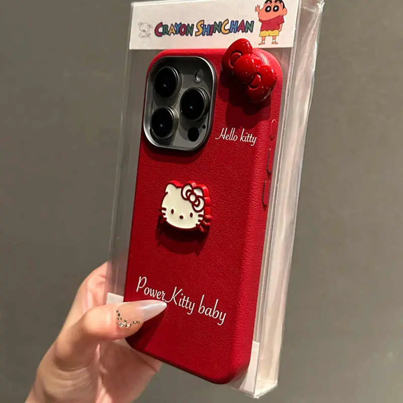 Ốp Điện Thoại HelloKitty, Da Đỏ Cổ Điển Màu Đỏ Ba Chiều, Dành Cho iPhone 16, 15, 14, 13, 12, 11, Pro Max, X, Xr, Xs Max, Chống Sốc, Ốp ốp Mềm Sáng Tạo 3