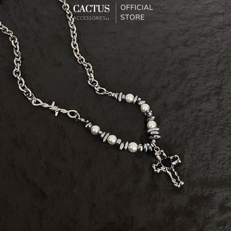 Dây Chuyền Nam Nữ Mặt Đá Trái Tim Đen Cactus Accessories Đính Ngọc Trai Hình Chữ T Bằng Thép Titan Phong Cách Hip Hop vòng cổ nam đẹp