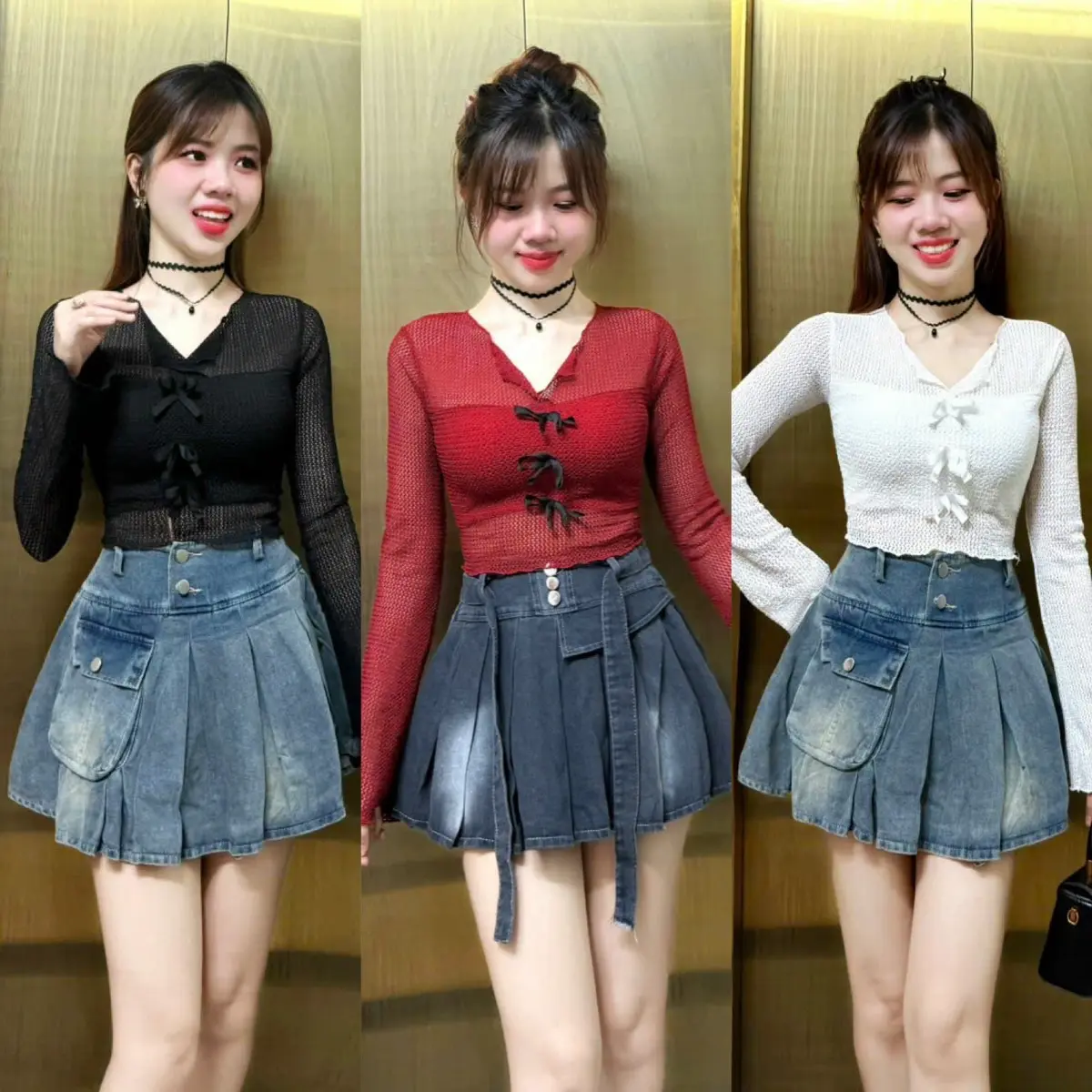 Áo nữ crtop tay dài thun lưới phối 3 nơ