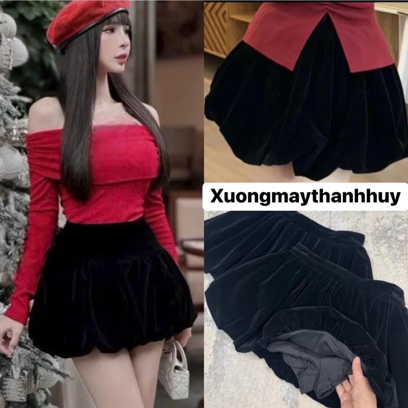  Chân Váy Nhung Phồng cạp chun sau có quần bảo hộ-CV Nhung bí Fồng 