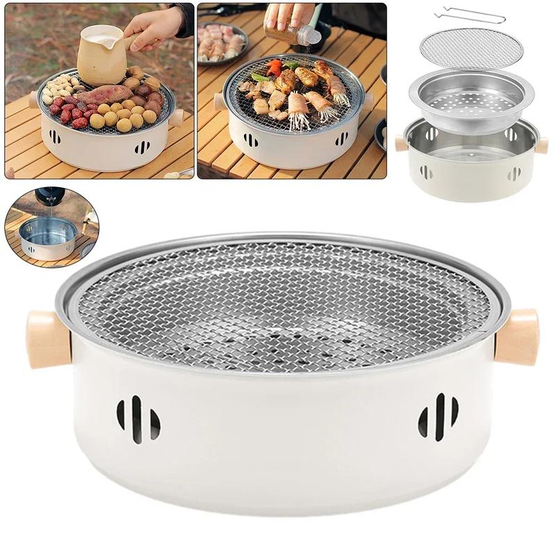 Product Introduction of 28cm (carbon-free) Portable Round Barbecue Grill with Barbed Wire Grill Non-stick Baking Tray Desktop Household Camping Barbecue Tools 3