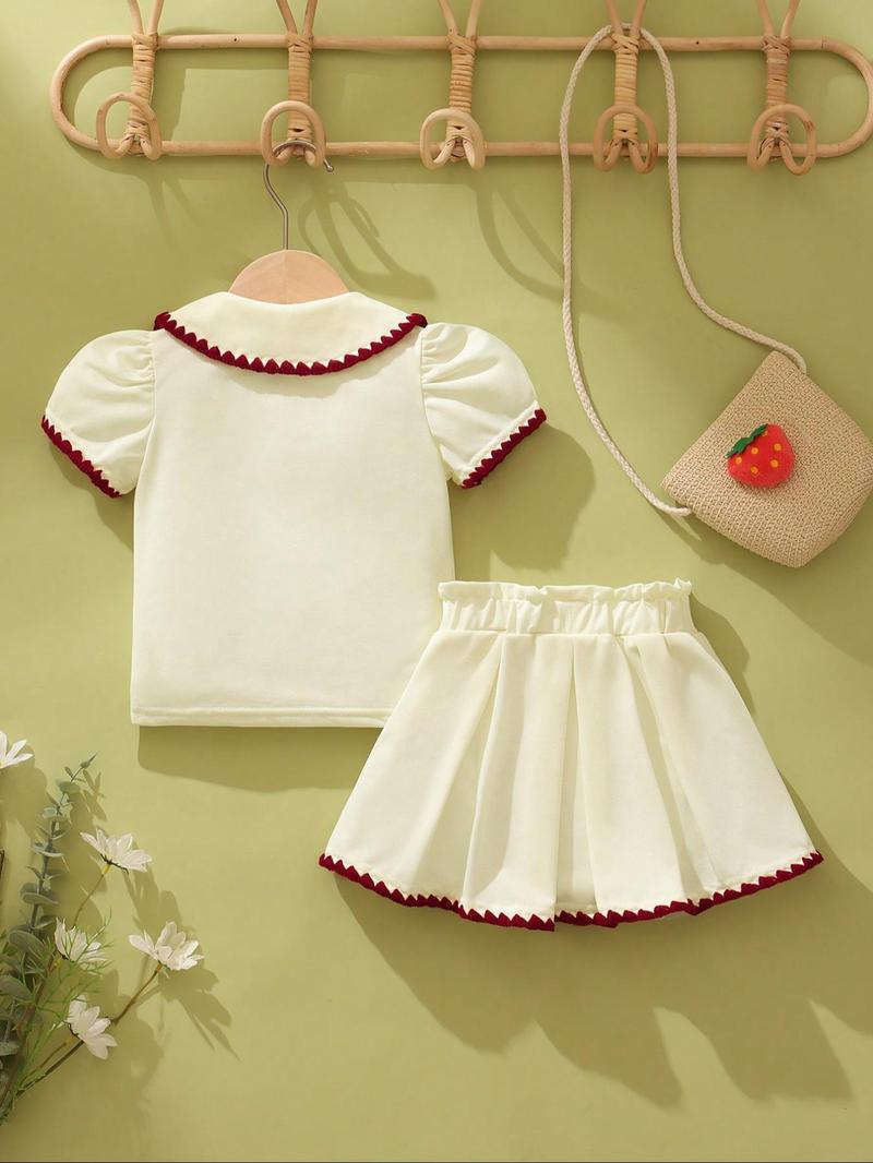 Product Introduction of Baby Girl's Strawberry Embroidery Patched Collar Top & Frill Trim Plicated Skirt Set, Cute Short Sleeve Buttons Blouse & Elastic Waist Skirt, Newborn Infant Kids Summer Clothes 2