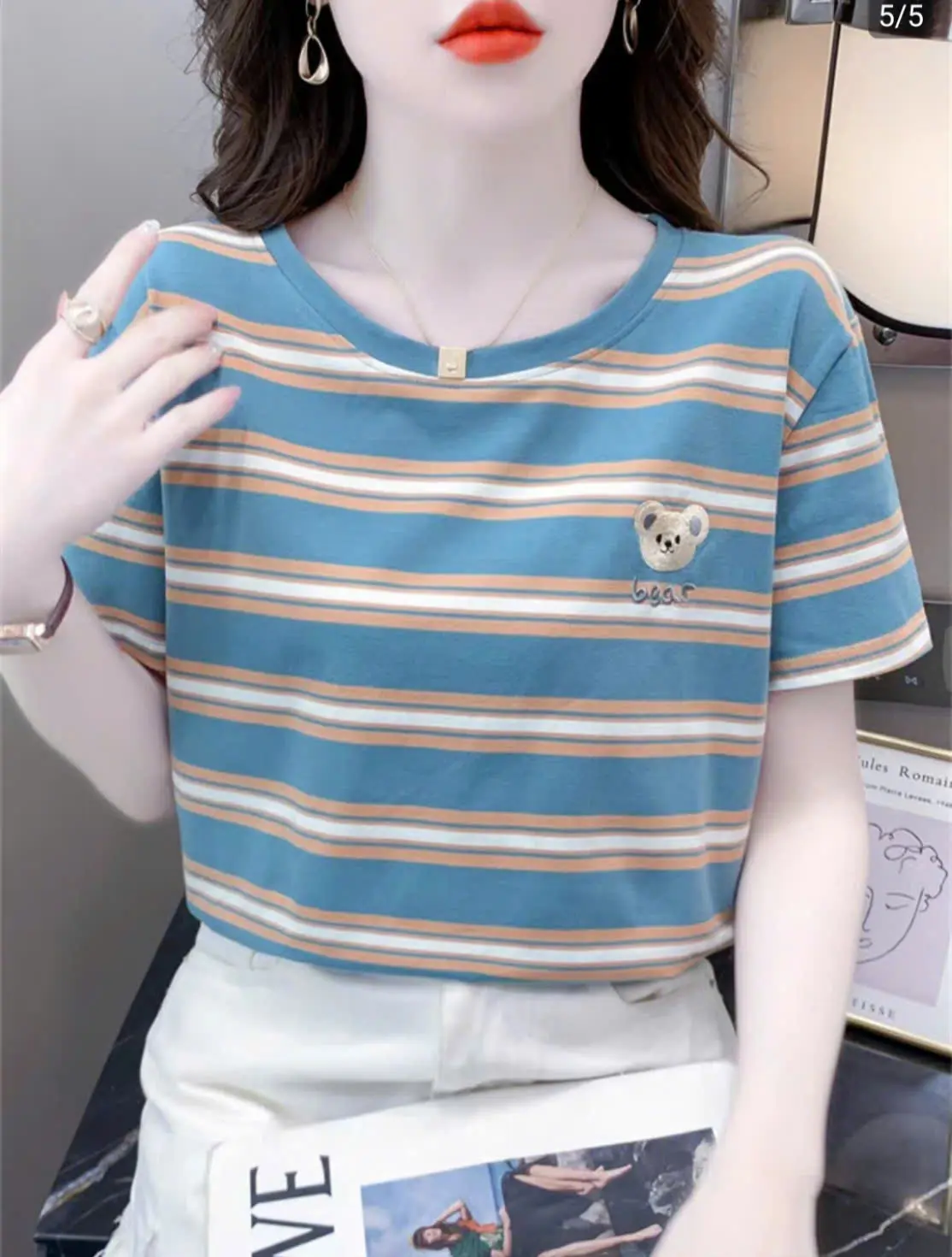 (MẪU MỚI) Áo phông kẻ sọc ngang form UNISEX hình THÊU GẤU BEAR Top Cổ Tròn Nữ Top Women