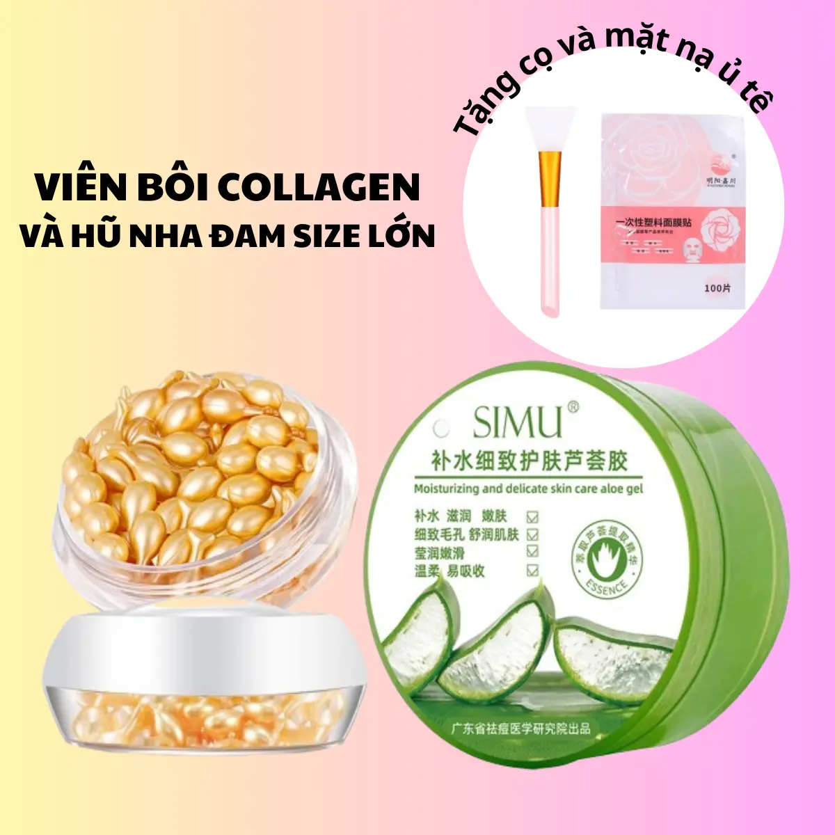 Combo Dưỡng Da Gel Nha Đam Và Viên Bôi Collagen, Tặng Kèm Gói 100 Mặt Nạ Ủ Tê Skincare Serum
