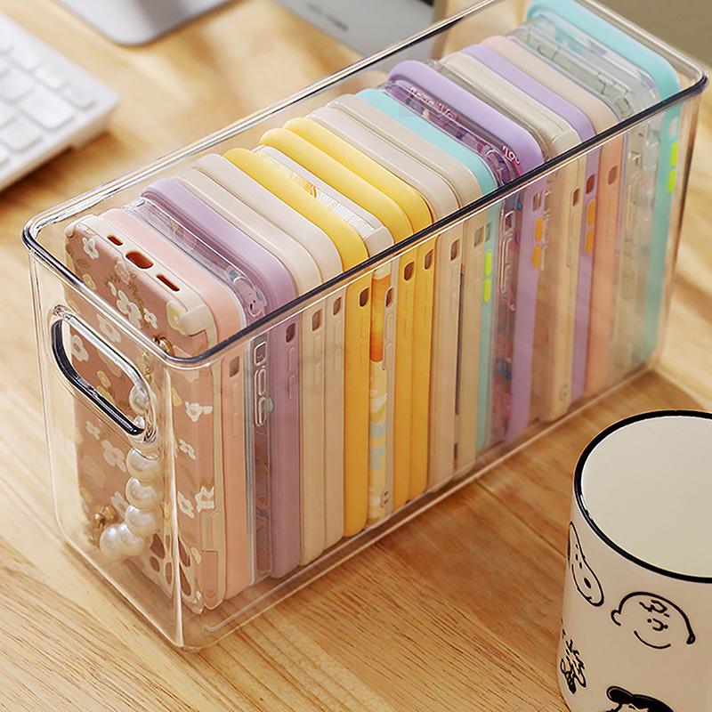 Product Introduction of Ins Transparent Phone Case Organizer Storage Box Desktop Acrylic Sundries Storage Basket Cosmetics Small Rack Light Plastic 23