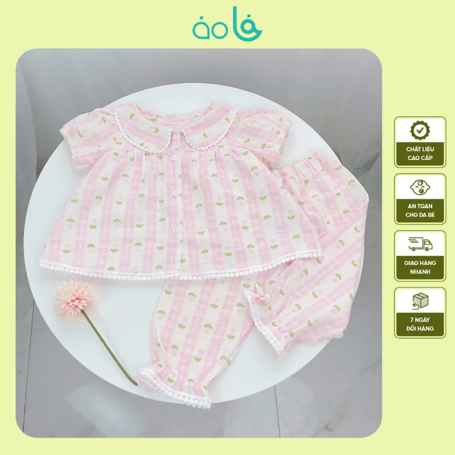 Pijama bé gái cộc tay quần lửng xô muslin Áo Lá Homewear A040, đồ ngủ bé gái xô đũi babydoll caro xinh xắn