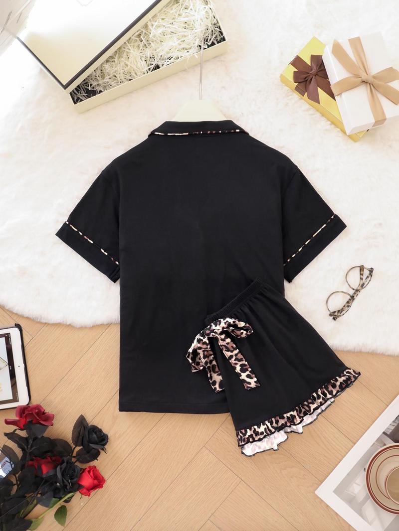 Product Introduction of Women's Leopard & All Over Print Button Pajama Set, Casual Comfy Short Sleeve Top & Shorts Pj Set, Ladies Summer Sleepwear 8