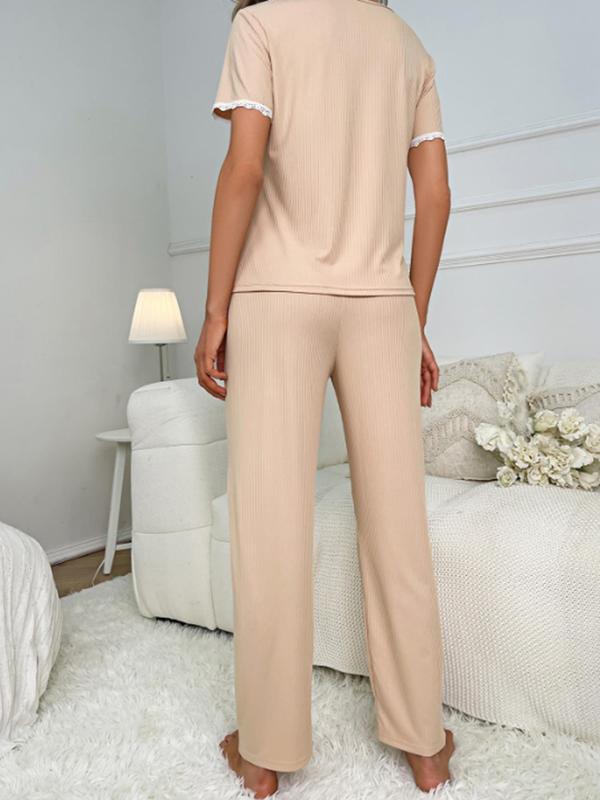 Women's 2pcs Contrast Lace Bow Decor V Neck Top & Elastic Waist Pants Loungewear Set, Contrast Binding Short Sleeve Tee & Trousers Comfort PJ Set for Homewear, Casual Comfy Sleepwear Set for Women 1