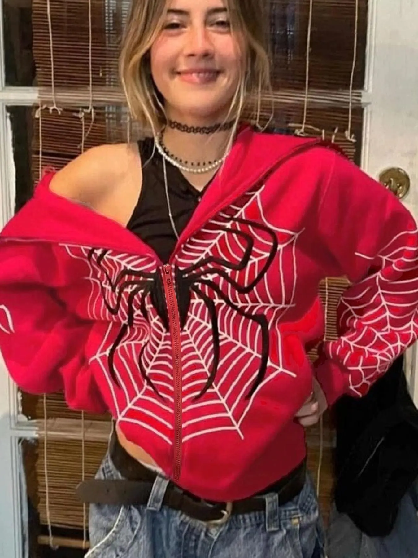 Women's Spider Web Print Drop Shoulder Hoodie, Streetwear Punk Long Sleeve Zip Up Hooded Sweatshirt, Ladies Clothes for Fall & Winter, Spider Hoodie