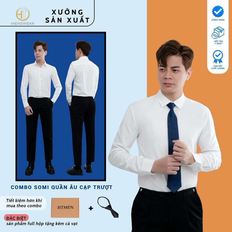 Combo quần âu cạp trượt Luxury vải chéo tuytsi 79 Pants + áo sơ mi lụa Nam ẩn si full hộp Ht Menswear Tặng kèm cà vạt Kem Polo Jacket