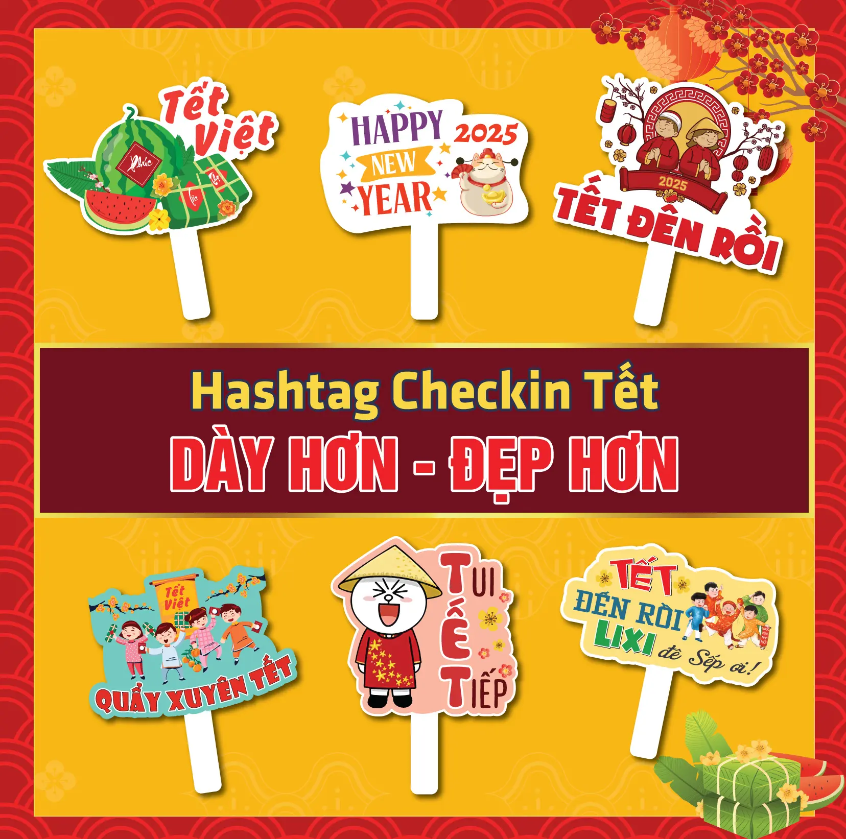 [Hashtag Tết] [ Mua 5 Tặng 1, Mua 10 Tặng 2] Hashtag Cầm Tay Chụp Ảnh Tết,Tiệc Công Ty, Tất Niên, Trang Trí Cửa Hàng...