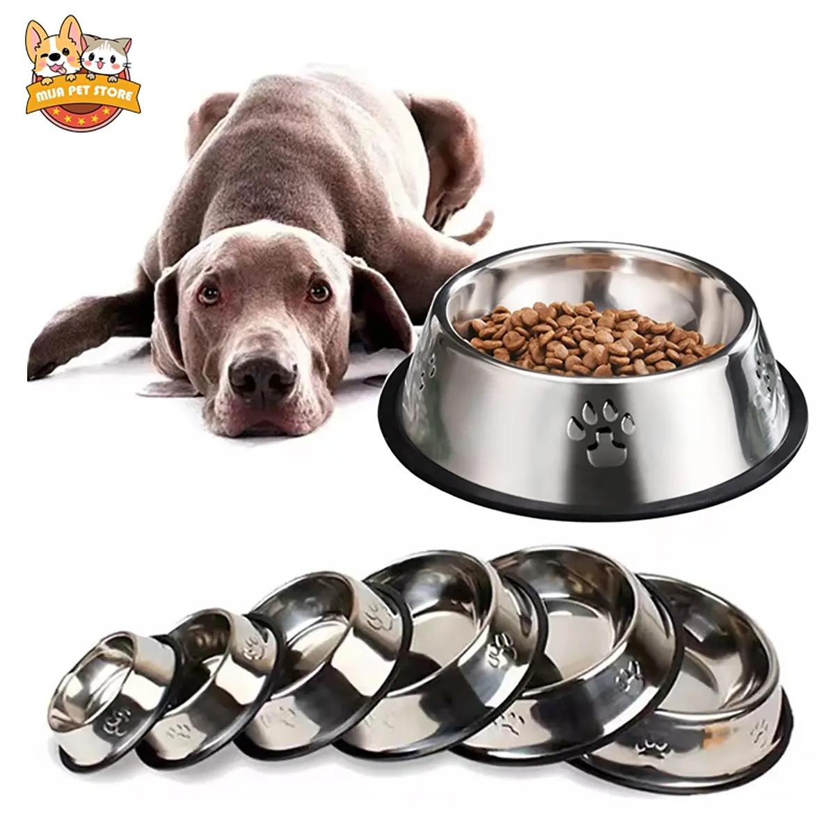 Pet Dog Cat Thick Stainless Steel Non-slip Feeding Bowl Water 6-Type of Size Multipurpose For Puppies Dogs