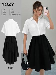 YOZY Women's Colorblock Short Sleeve Tie Back Dress, Casual Collared Dress for Daily Wear, Ladies Clothes for All Seasons