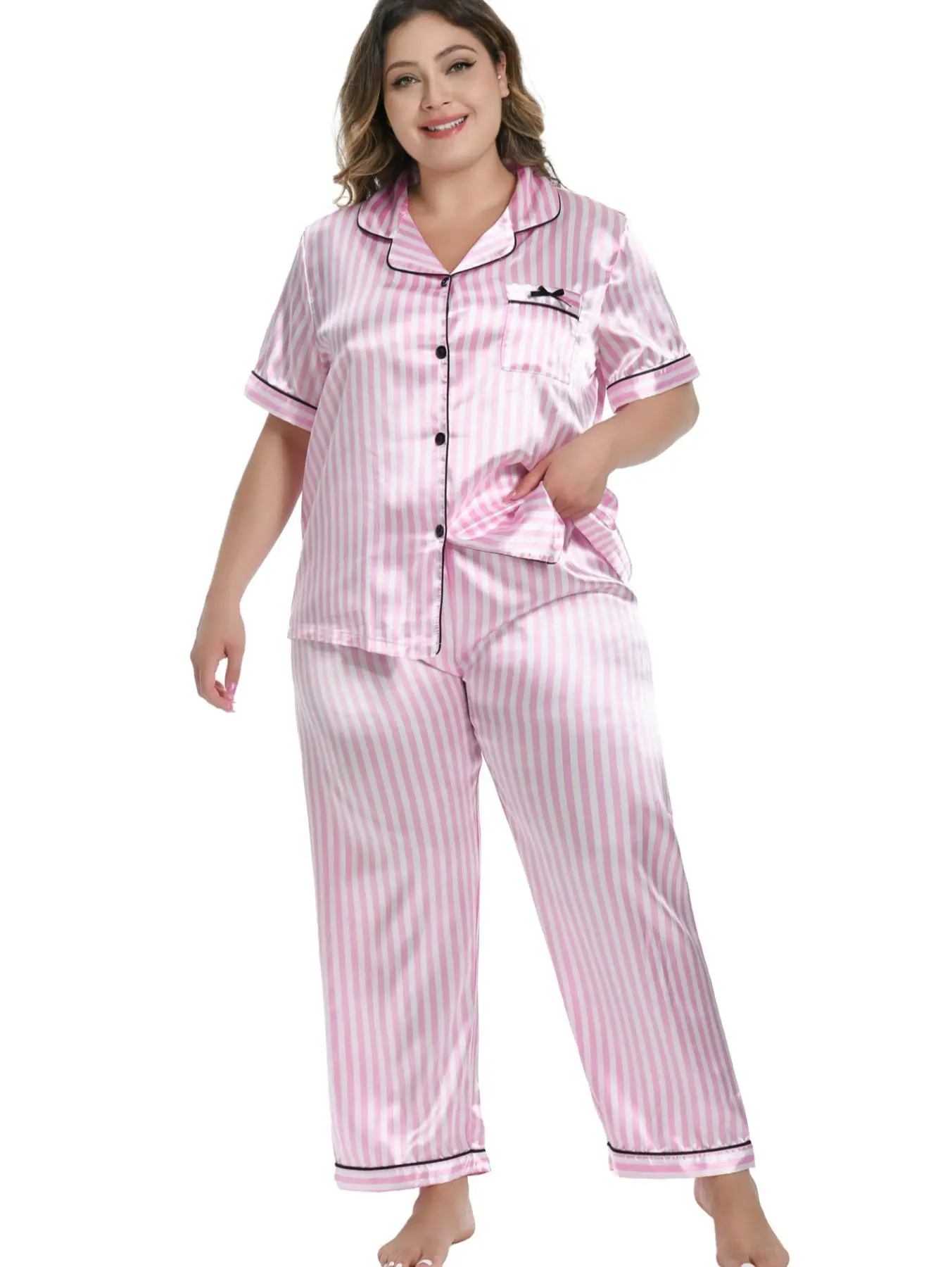 Plus Size Striped Print Lapel Bow Front Shirt & Elastic Waist Pants Pyjama Set, Casual Comfy Two-piece Loungewear, Women Plus Size Lounge for Summer