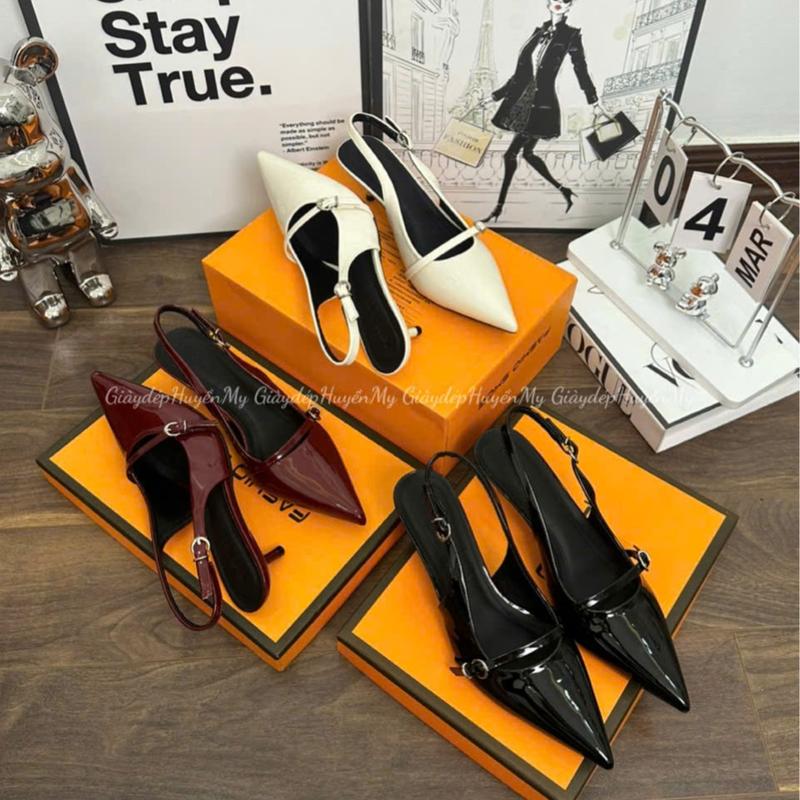Giày cao gót 3p mũi nhọn đai ngang phối khuy cài hàng cao cấp full hộp ( AH34 )