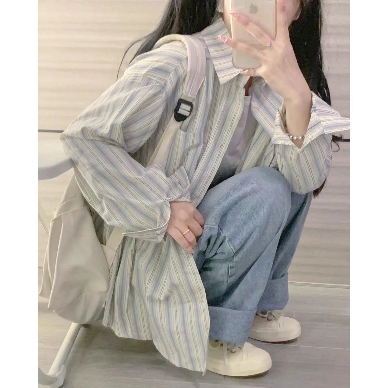 INS Korean style oversize casual sun-proof stripe shirt for women polo collar long sleeves thin tops
