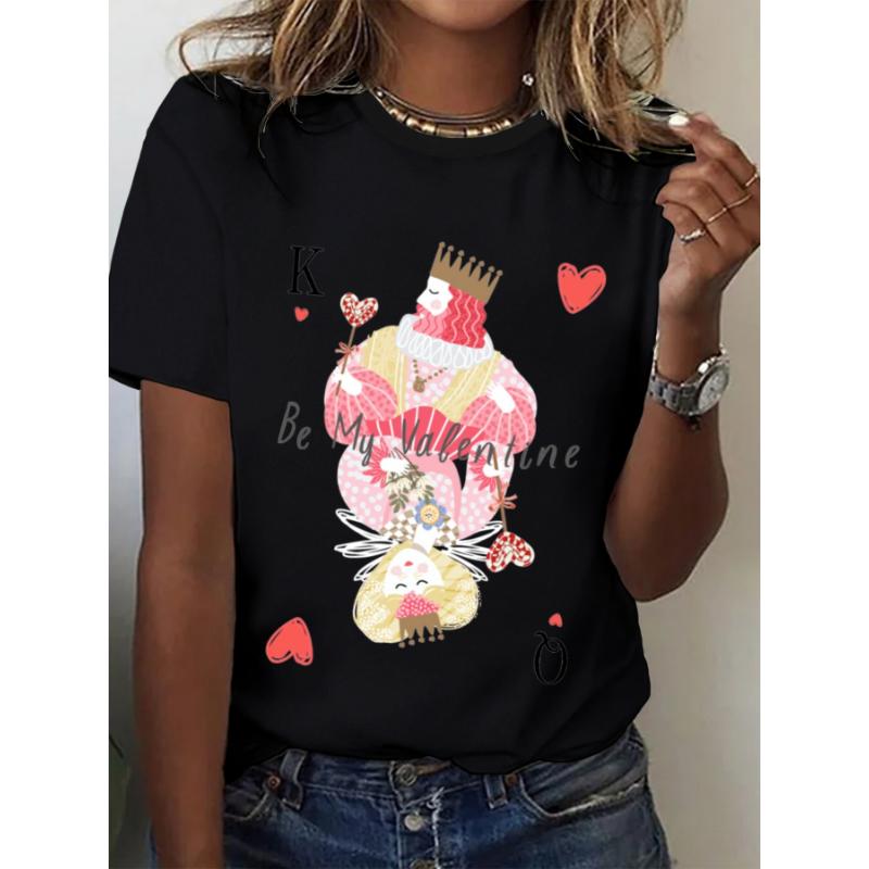 Women's Casual Cotton T-Shirt - Short Sleeve, Round Neck, Valentine's Day Graphic Print, White, Playing Card & Heart Design, Machine Washable, Summer Fashion Top, Casual Attire | Playful Design | Relaxed Fit Shirt 2