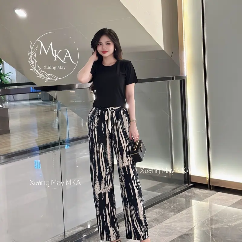 {MKA}Sét Bộ Nữ,Quần Ống Rộng Vãi Lụa,Áo Thun Tăm Lạnh Women Top Voi Ong