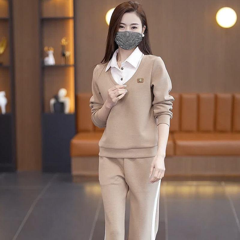 Product Introduction of Bộ Đồ Quần Áo Thể Thao Thường Ngày Cho Nữ, Bộ Sưu Tập Mùa Xuân Và Mùa Thu, Thời Trang Mới, Thích Hợp Cho Mẹ Trẻ, Áo Sơ Mi Chắp Vá, Cổ Áo, Áo Len Mỏng, Bộ Hai Mảnh 18
