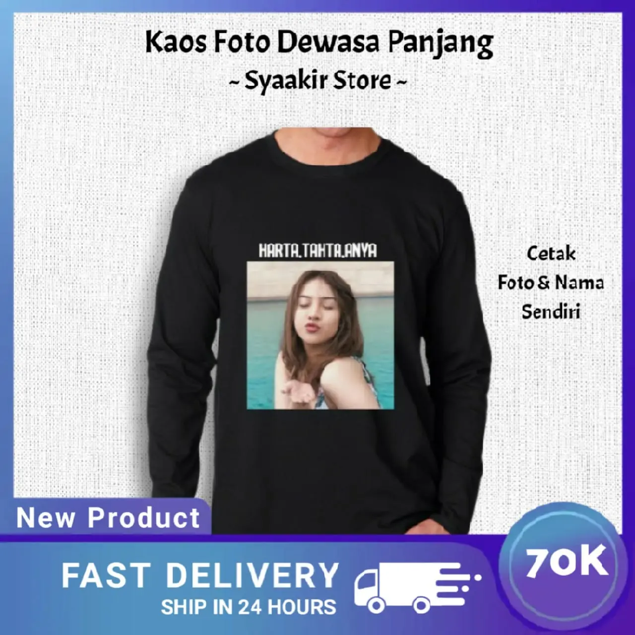 Kaos Dewasa Lengan Panjang Custom Bisa Cetak Foto Nama Sendiri Bulat Kerah Sablon Pria Distro Keren Oblong