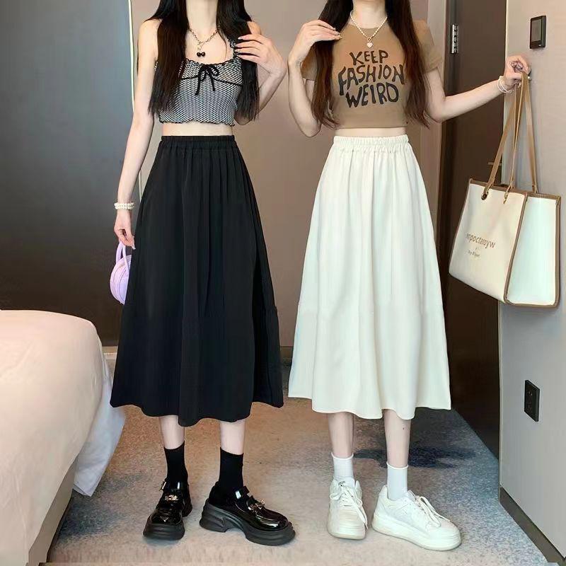 Váy Xếp Ly Cổ Điển Màu Trắng, Ngoại Cỡ Cho Nữ, Váy Mùa Hè, Cạp Cao, Xếp Ly Chữ, Lớn, Che Bụng, Mỏng Women 0