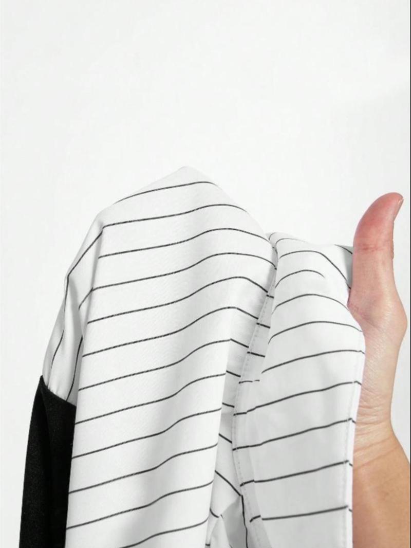 Product Introduction of Women's Patchwork Striped Print Bishop Sleeve Split Hem Blouse, Elegant Long Sleeve Collared V Neck Top for Fall & Winter, Women's Clothing for Daily Wear 14