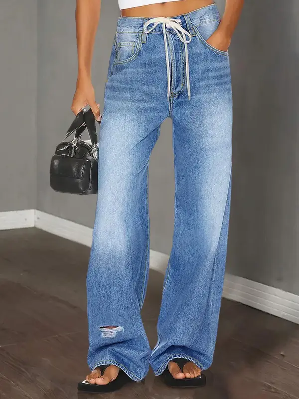 Women's Plain Straight Leg Denim Pants, Casual Retro High Waist Trousers for Daily Wear, Jeans, Ladies Bottoms for All Seasons, Womenswear 0