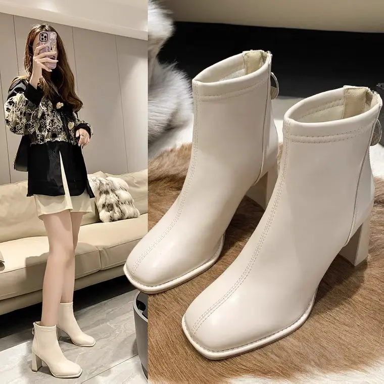 Bốt nữ da lì khóa sau gót cao 9cm có lót lông hàng siêu đẹp GiàY Shoes 3