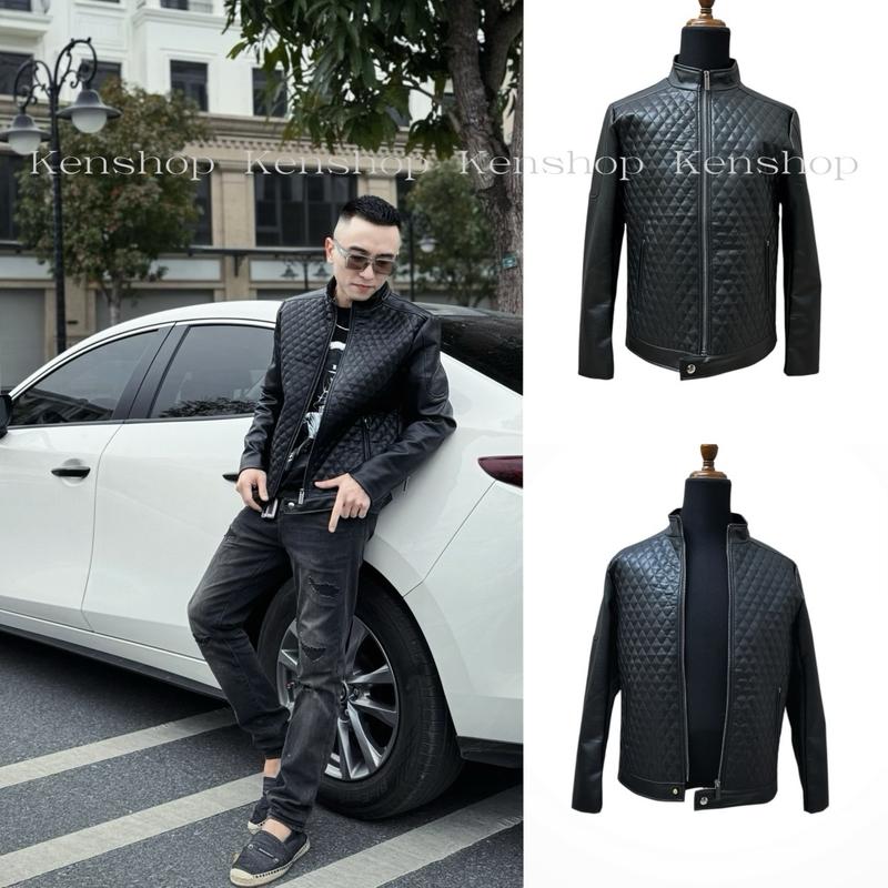 Áo Khoác Da Biker Nam Quảng Châu Cổ Lọ Phối Kẻ Trám - Menswear Jacket Nhung