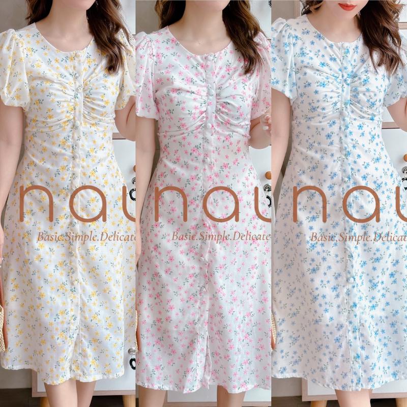 Đầm hoa nút bọc cổ tròn 3 màu