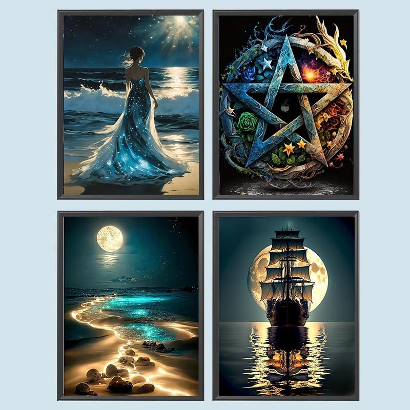 Product Introduction of 5D Diamond Arts Colorful Painting Kit, 4 Counts/set Sea & Moon & Girl & Ship Pattern DIY Diamond Arts Colorful Painting Kit, DIY Decorative Art Picture 0