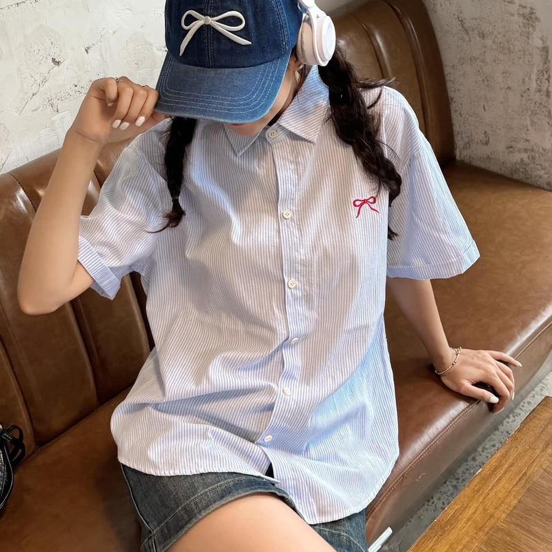 [Độc Quyền]ByNana Áo sơ mi kẻ sọc tay ngắn thêu nơ xinh xắn A20  Nữ Top Women thường áo cánh & áo mi somitim sơ minu Nhung Shirt