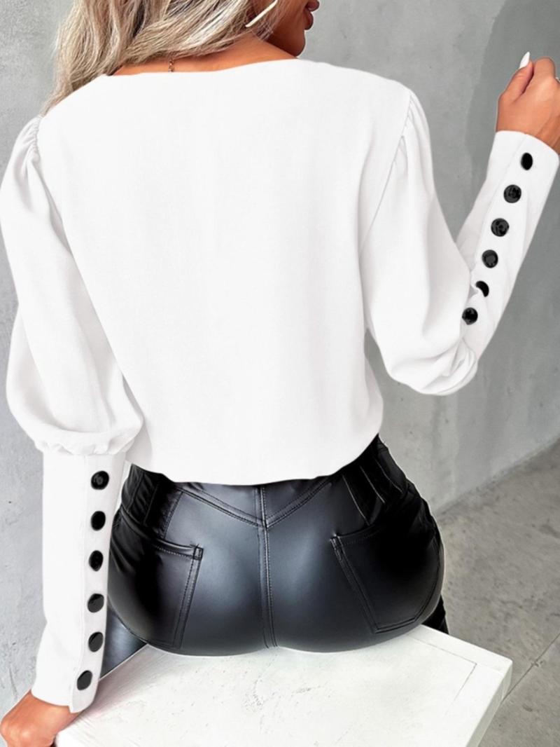 Product Introduction of Women's Patchwork Print Button Leg-of-mutton Sleeve Blouse, Elegant V Neck Long Sleeve Top for Work Office Business, Ladies Clothes for All Seasons， Going Out Tops 17